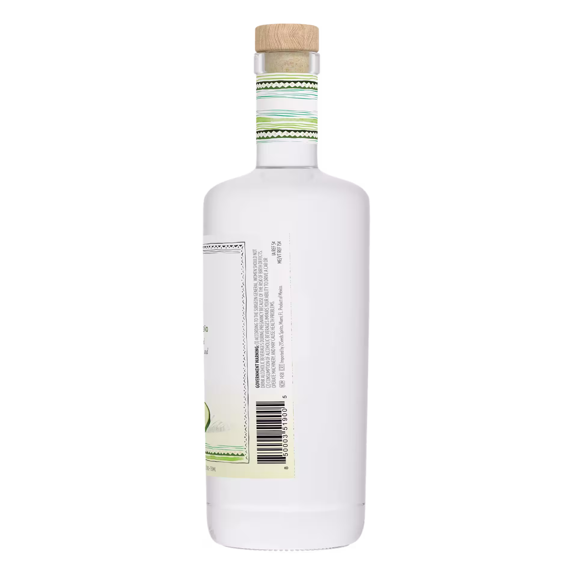 A white bottle with a wooden cap and green-striped neck is shown from the side, displaying a barcode and product information on the label.