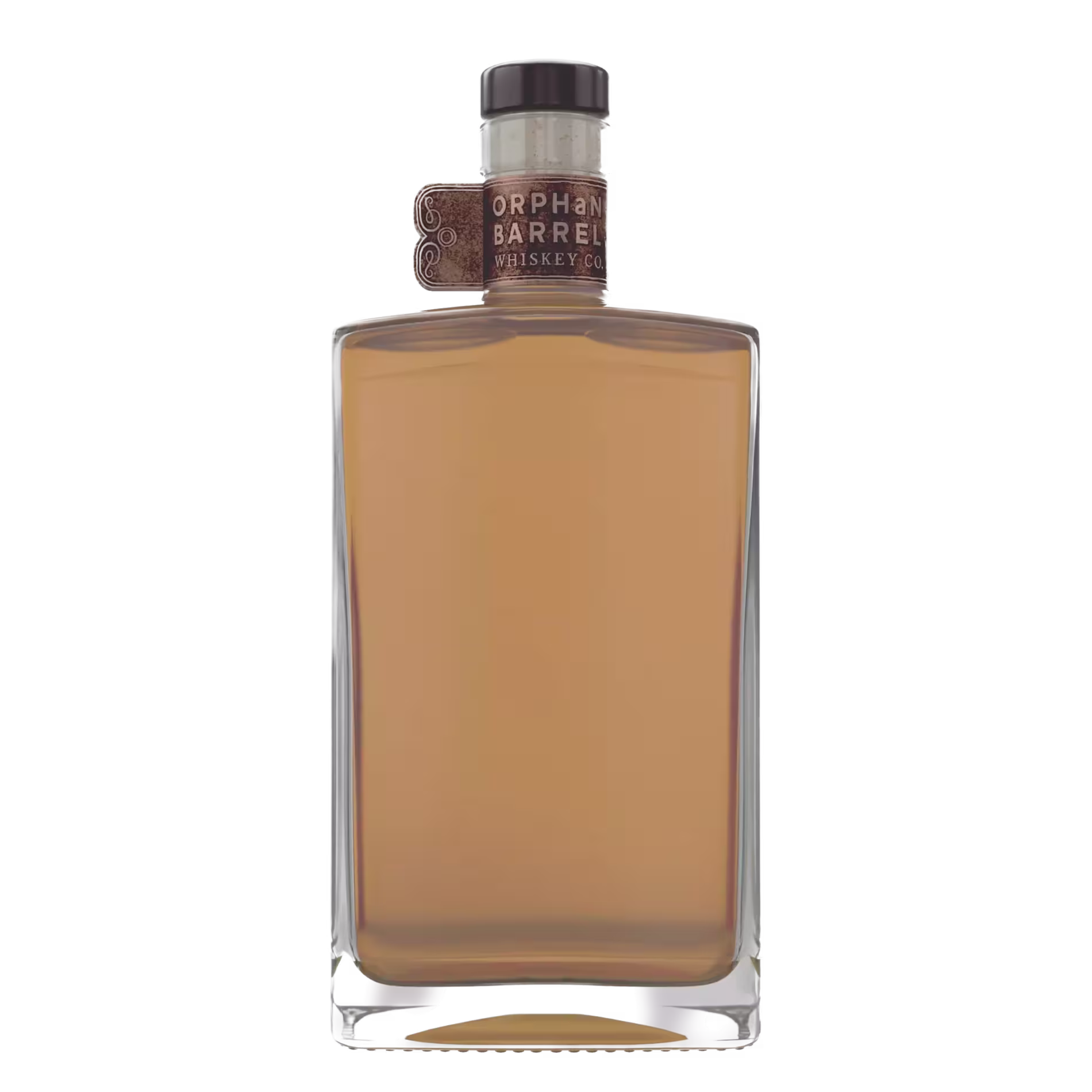 A rectangular glass bottle filled with light brown liquid, featuring a metal cap and a label around the neck that reads Orphan Barrel Whiskey Co.