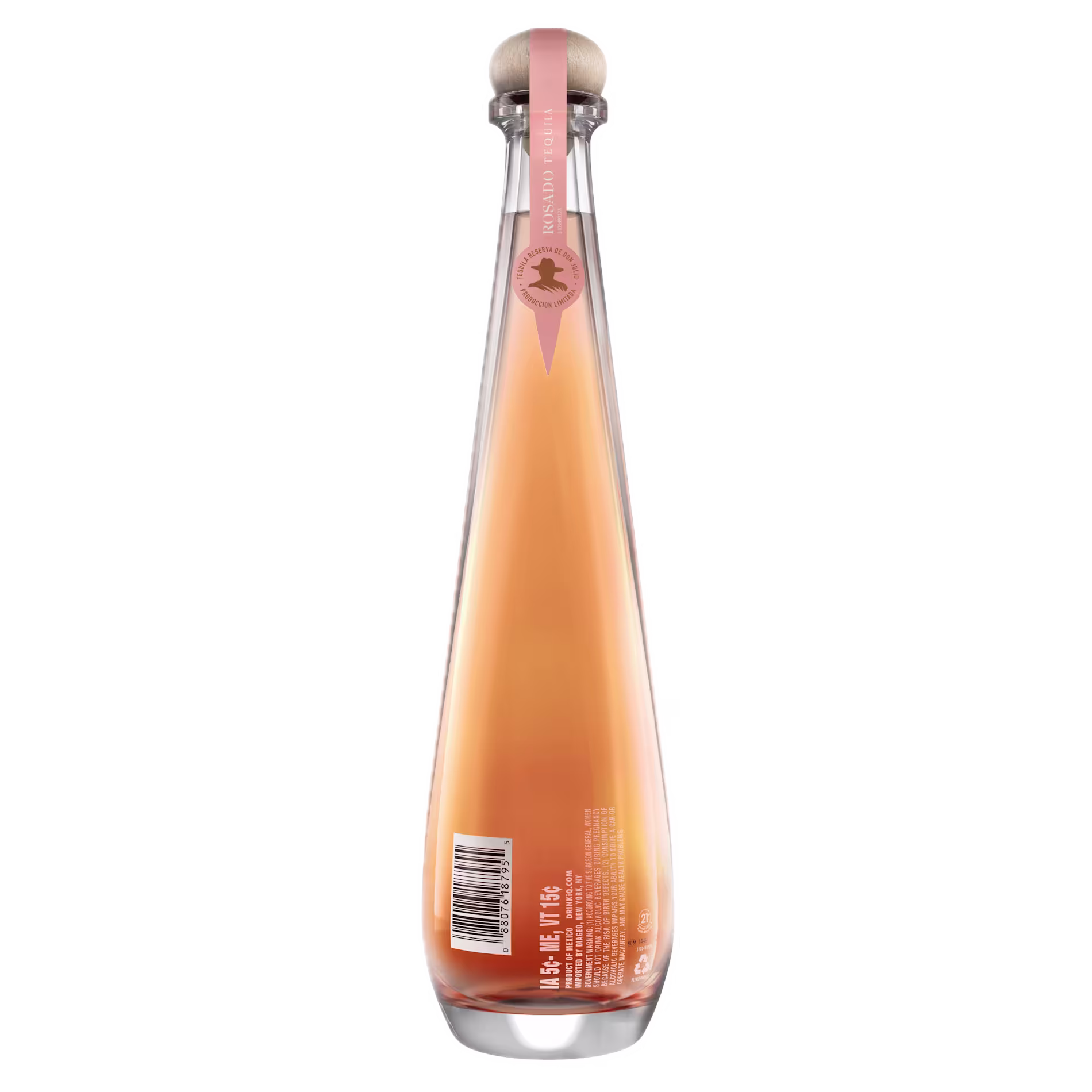 A tall, slender glass bottle with a light pink liquid inside, topped with a wooden cork and a pink seal running down the neck. A barcode and text are visible on the lower back of the bottle.