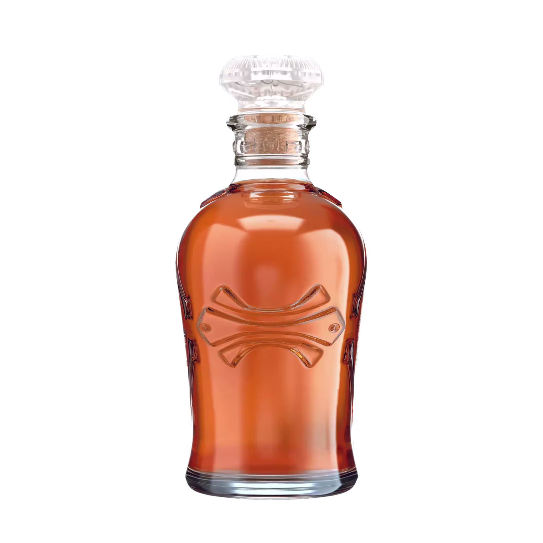 A clear glass decanter filled with amber liquid, featuring a decorative embossed design and a faceted stopper.
