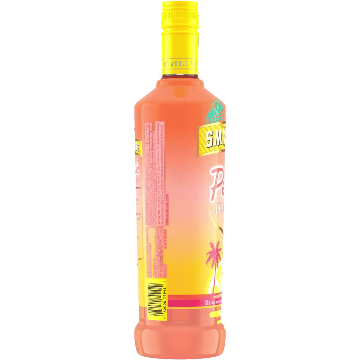 A bottle of Smirnoff Peach Lemonade vodka with a yellow cap and a label featuring palm trees and a sunset gradient design.