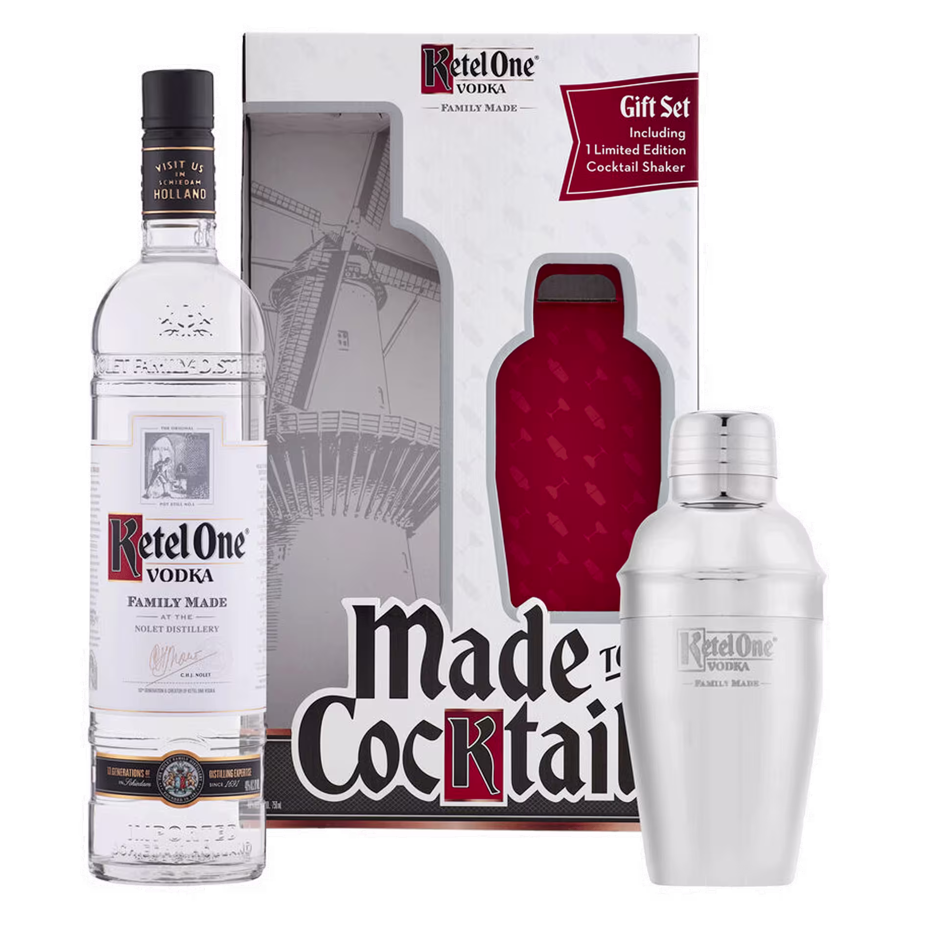 Ketel One Vodka gift set featuring a 750ml bottle of vodka and a limited edition cocktail shaker in a branded box.