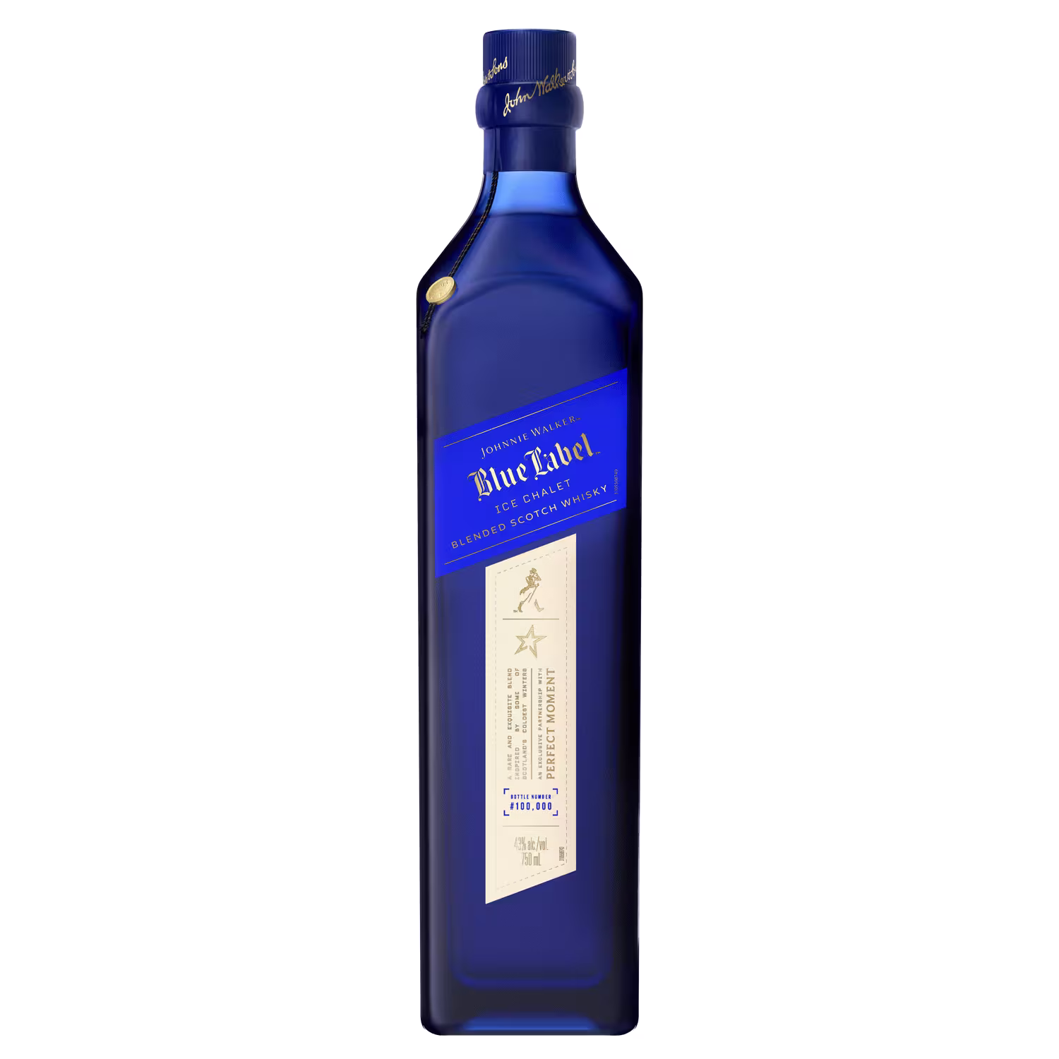 A blue bottle of Johnnie Walker Blue Label Elusive Umami blended Scotch whisky is shown upright on a white background.