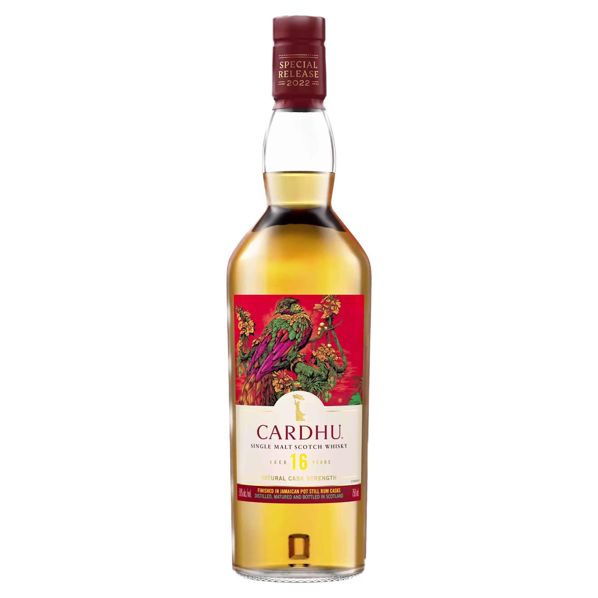 A bottle of Cardhu 16 Year Old Single Malt Scotch Whisky with a red and gold label featuring floral artwork and a Special Release 2022 tag on the neck.