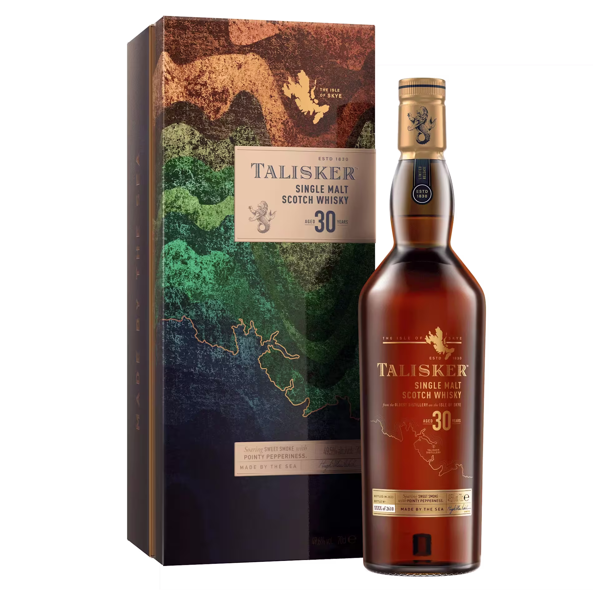 A bottle of Talisker 30 Year Old Single Malt Scotch Whisky is displayed next to its colorful, textured box packaging.