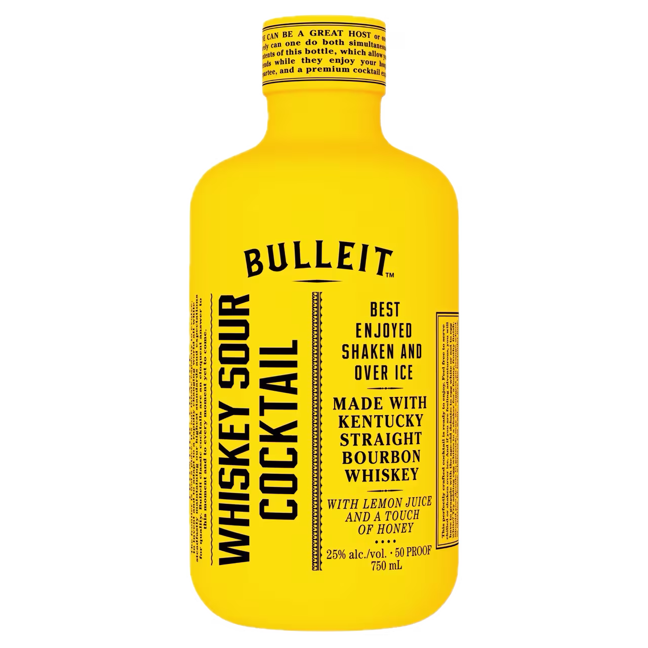 A yellow bottle labeled Bulleit Whiskey Sour Cocktail, with text stating it is best enjoyed shaken and over ice, made with Kentucky straight bourbon whiskey and lemon juice.