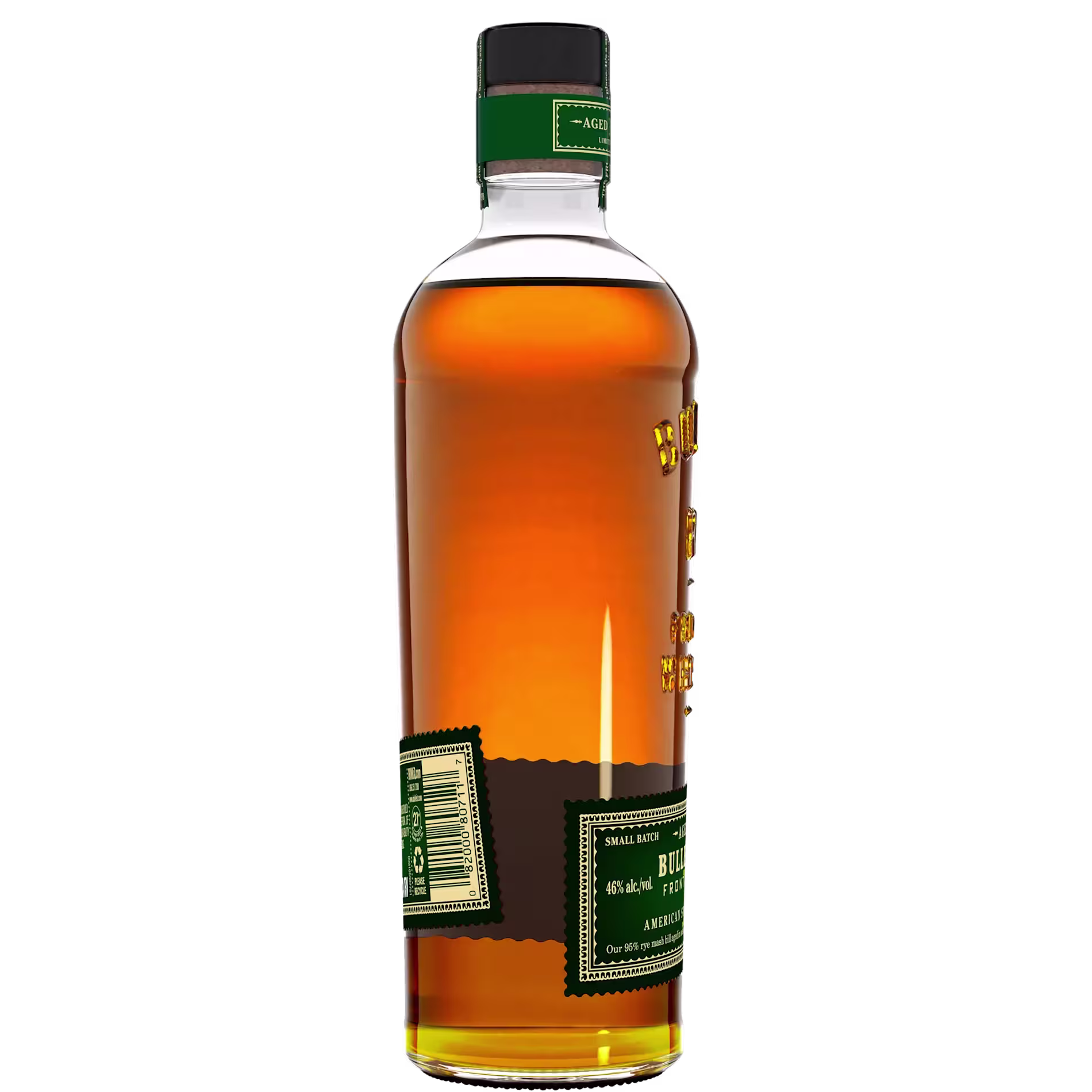 A glass bottle filled with amber liquid, featuring green and gold labels, is shown standing upright against a solid black background.