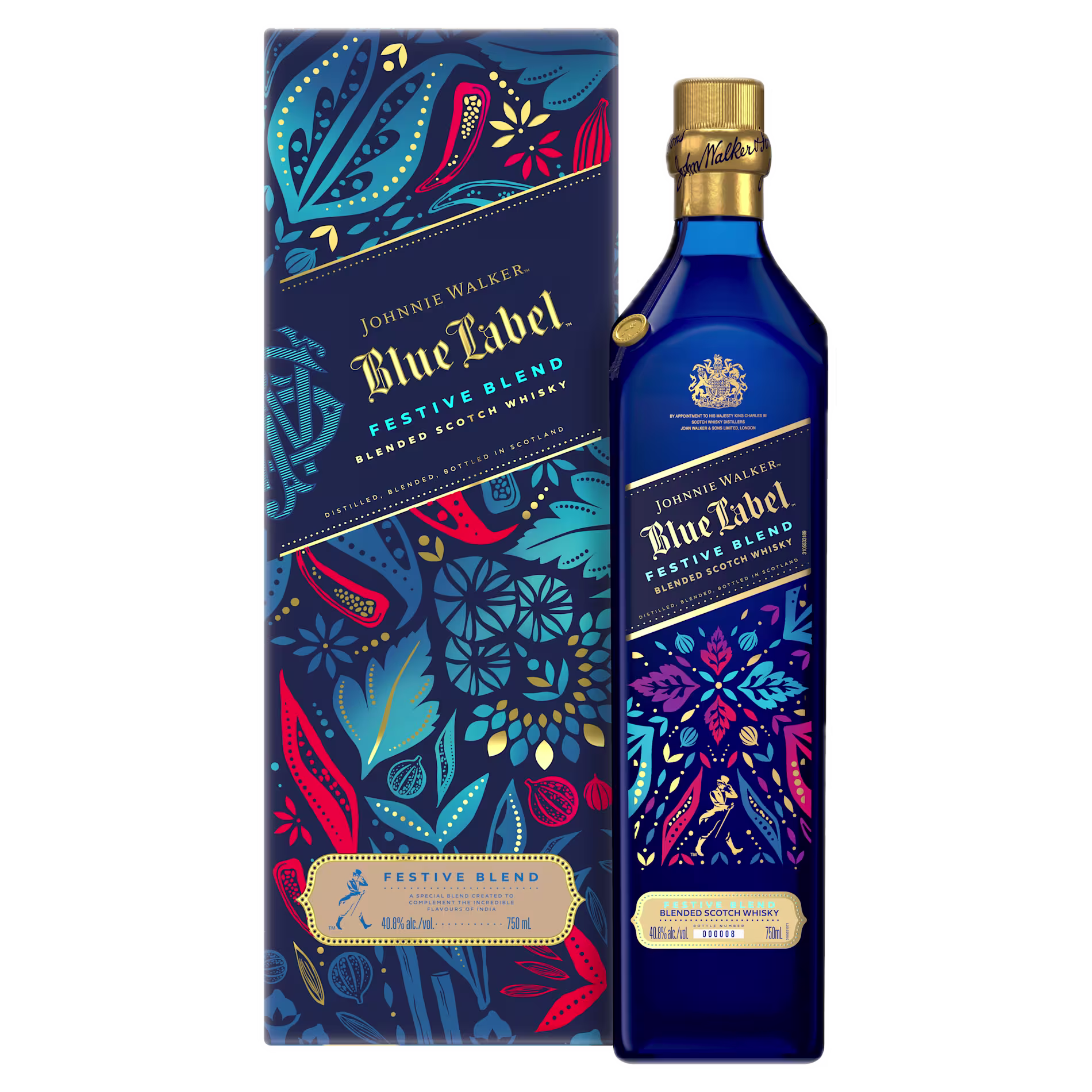 Johnnie Walker Blue Label Festive Blend Blended Scotch Whisky 750 mL bottle displayed beside its matching gift carton. Both feature a deep blue holiday-inspired design with colorful floral and botanical patterns, gold accents, and Blue Label branding.