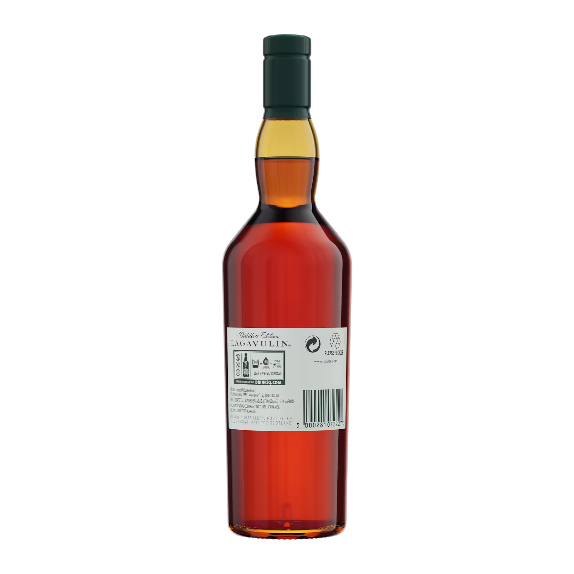 A clear glass bottle of Lagavulin whisky shown from the back, displaying the label with product information and recycling symbols.