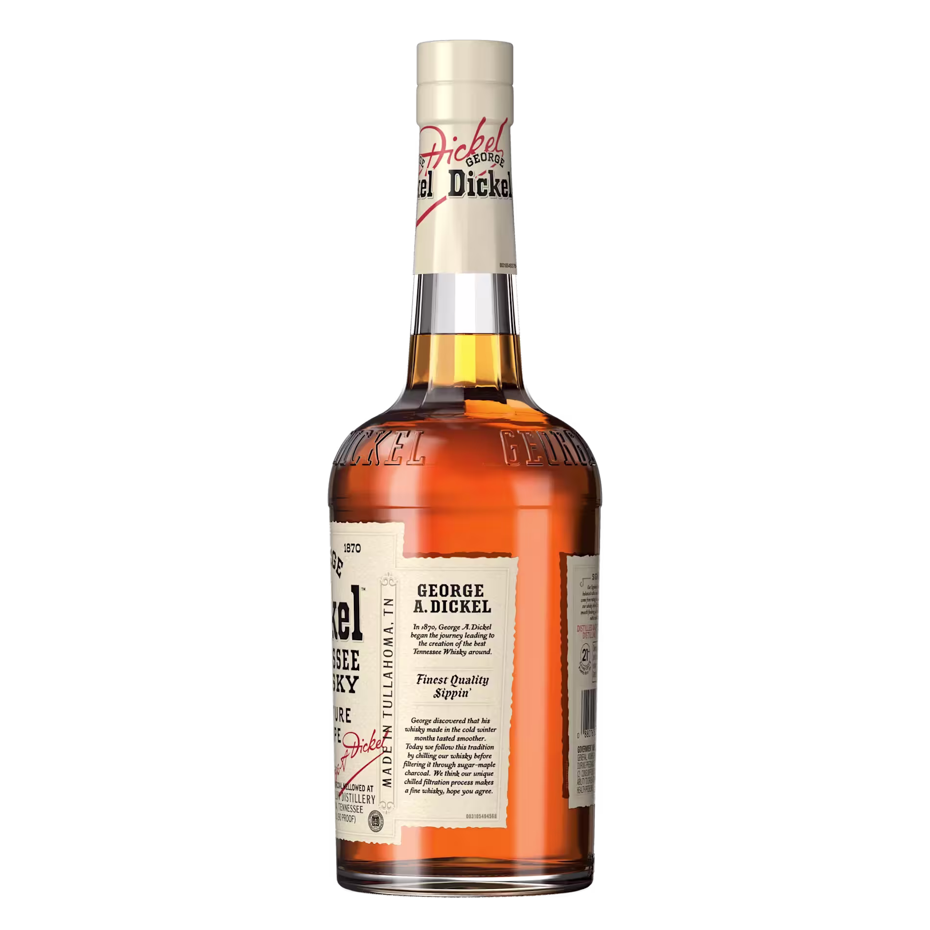A bottle of George Dickel Tennessee Whisky with a white label and gold-brown liquid, shown against a black background.