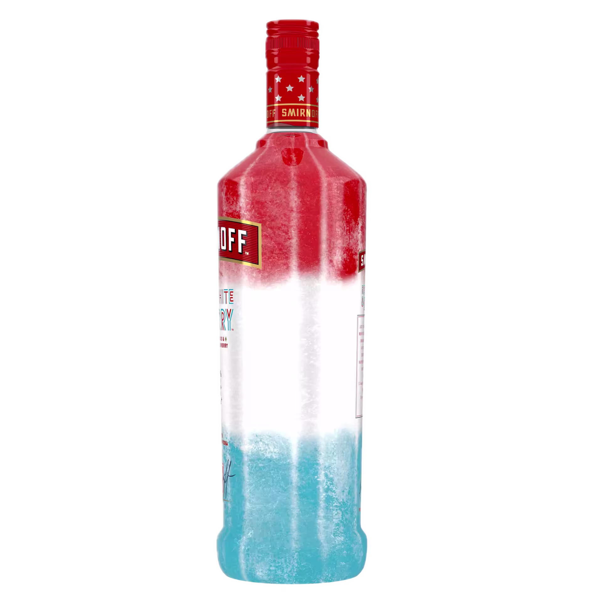 A Smirnoff vodka bottle with a red, white, and blue color scheme, resembling the American flag.