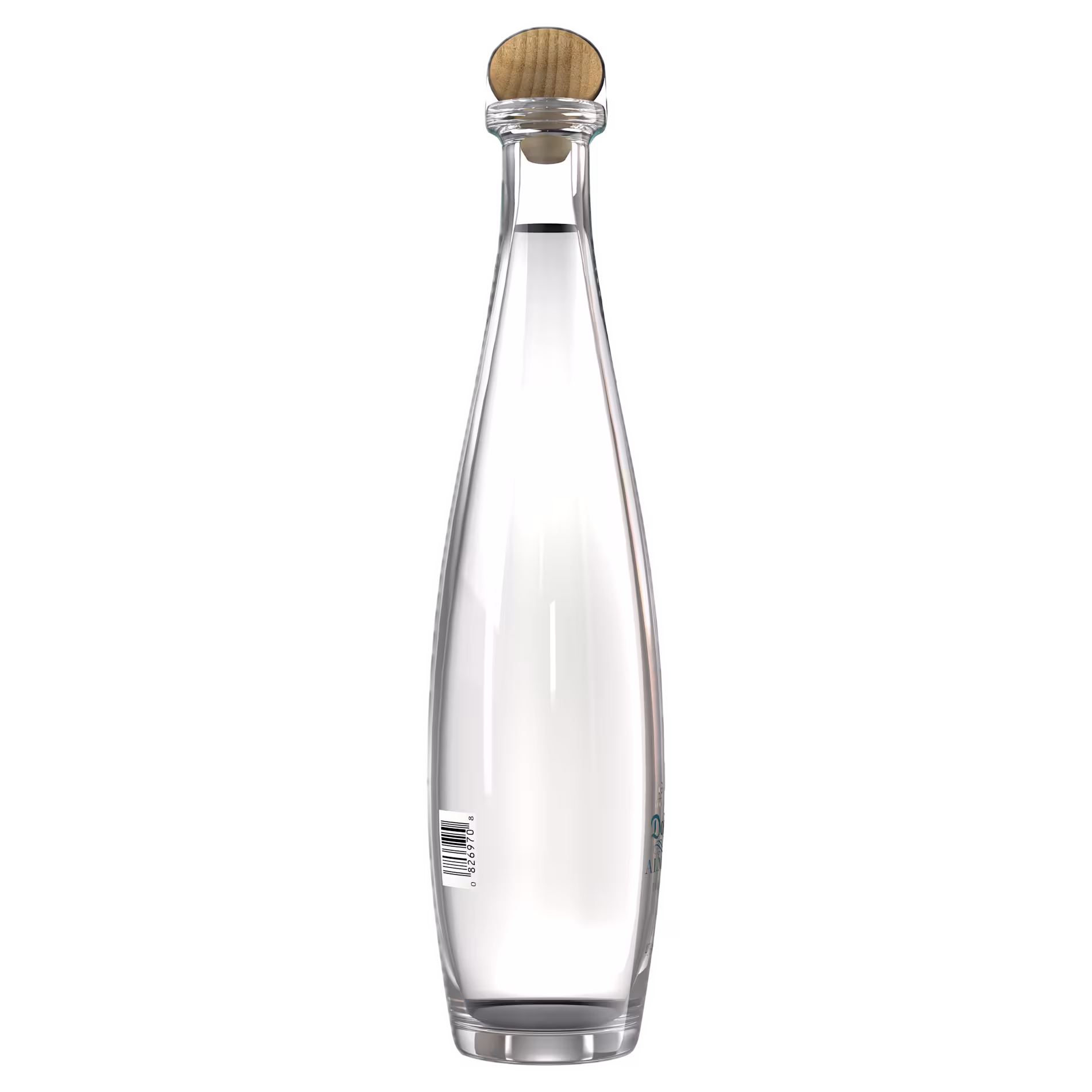Clear glass bottle with a wooden cap, filled with a transparent liquid, shown against a plain white background. A barcode label is visible near the base.