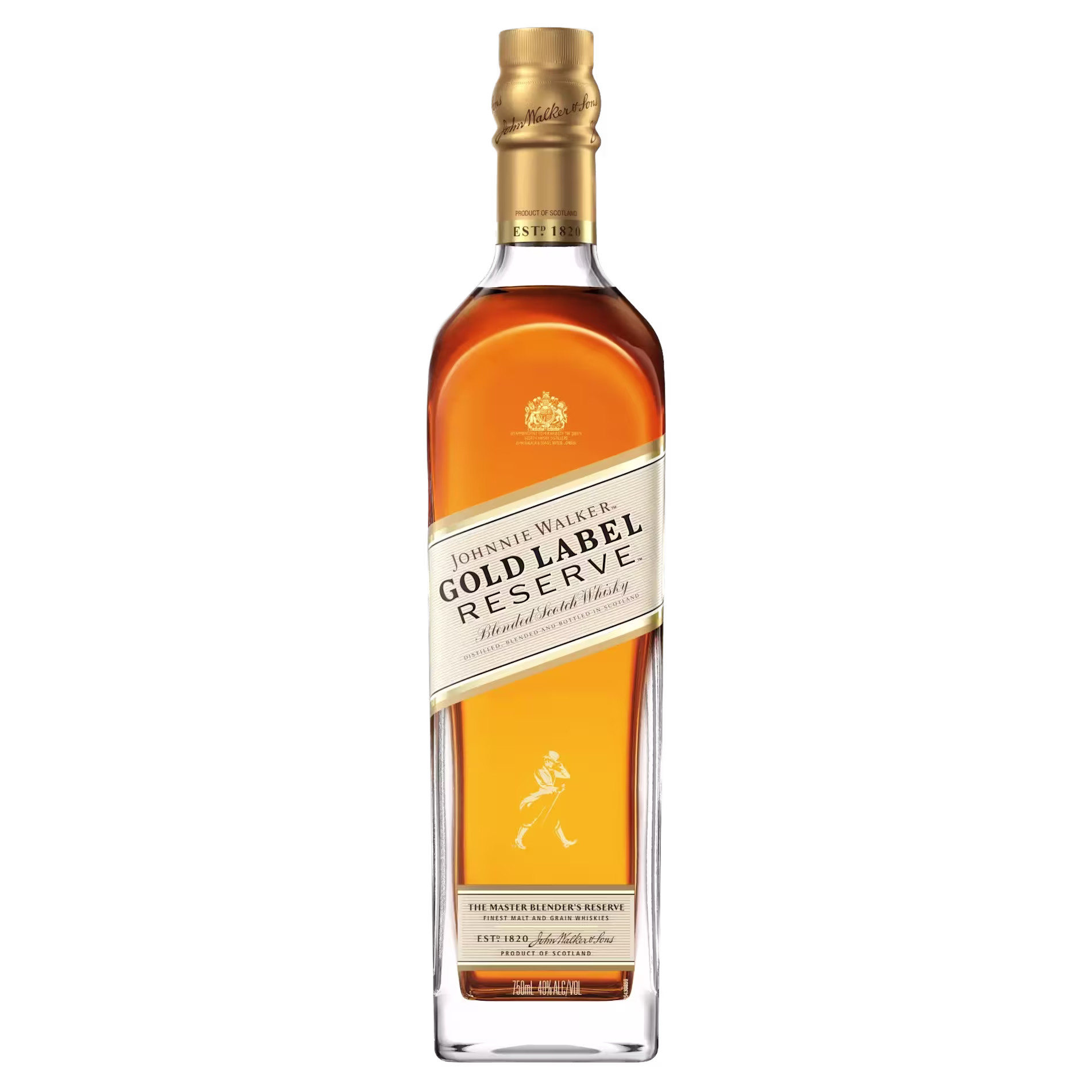 A bottle of Johnnie Walker Gold Label Reserve Blended Scotch Whisky with a gold cap and label on a black background.