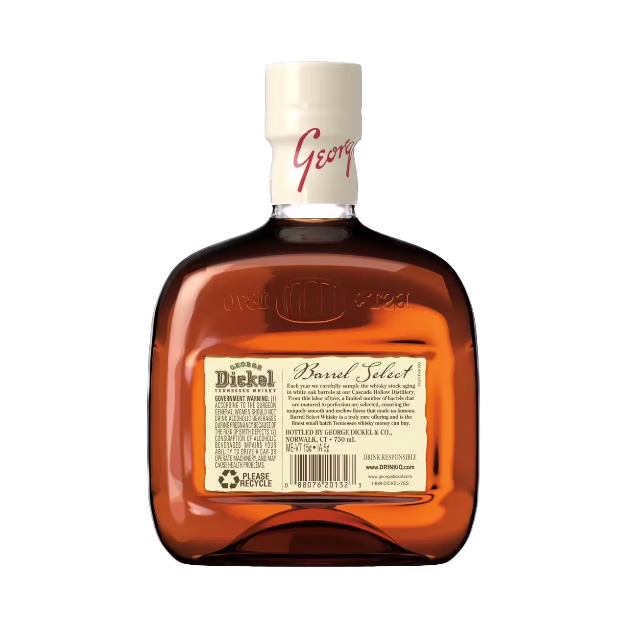 A bottle of George Dickel Tennessee whisky shown from the back, displaying its beige label with product information and a white cap with red text.