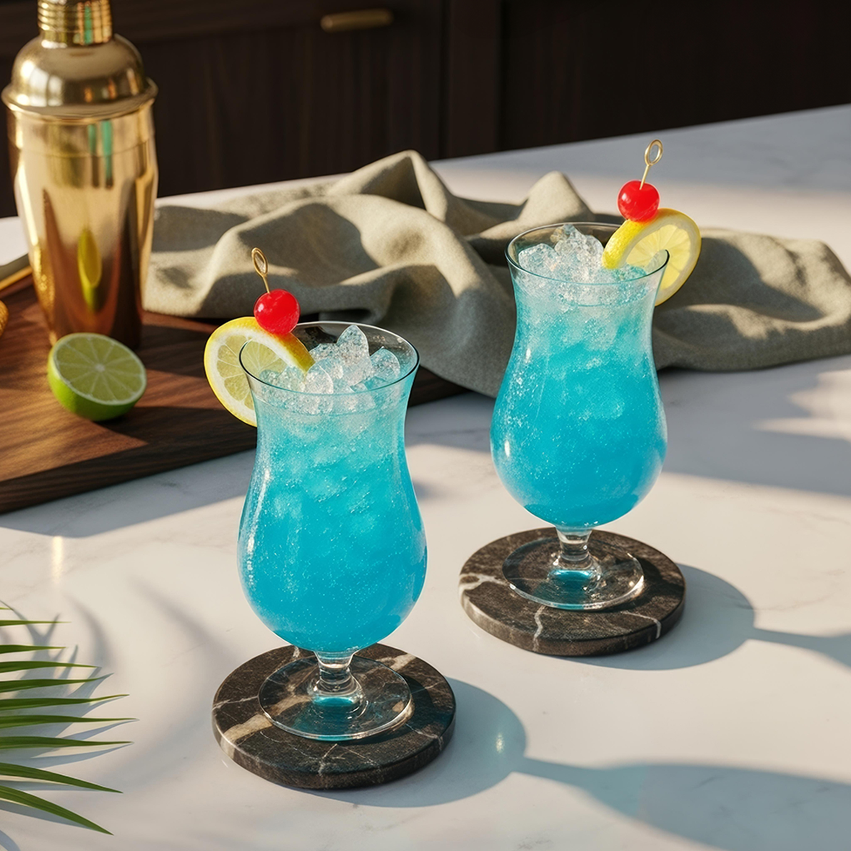 Two glasses of blue cocktail with ice, lime wedges, and mint garnish on a gray surface, near a cocktail shaker, tongs, strainer, and ice cubes.