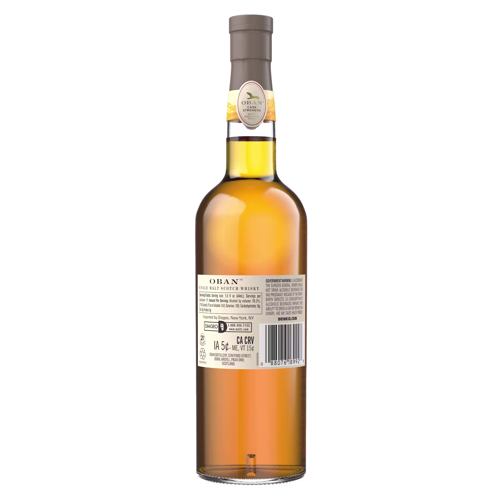A bottle of Oban single malt Scotch whisky shown from the back, displaying the label with product information and a barcode.