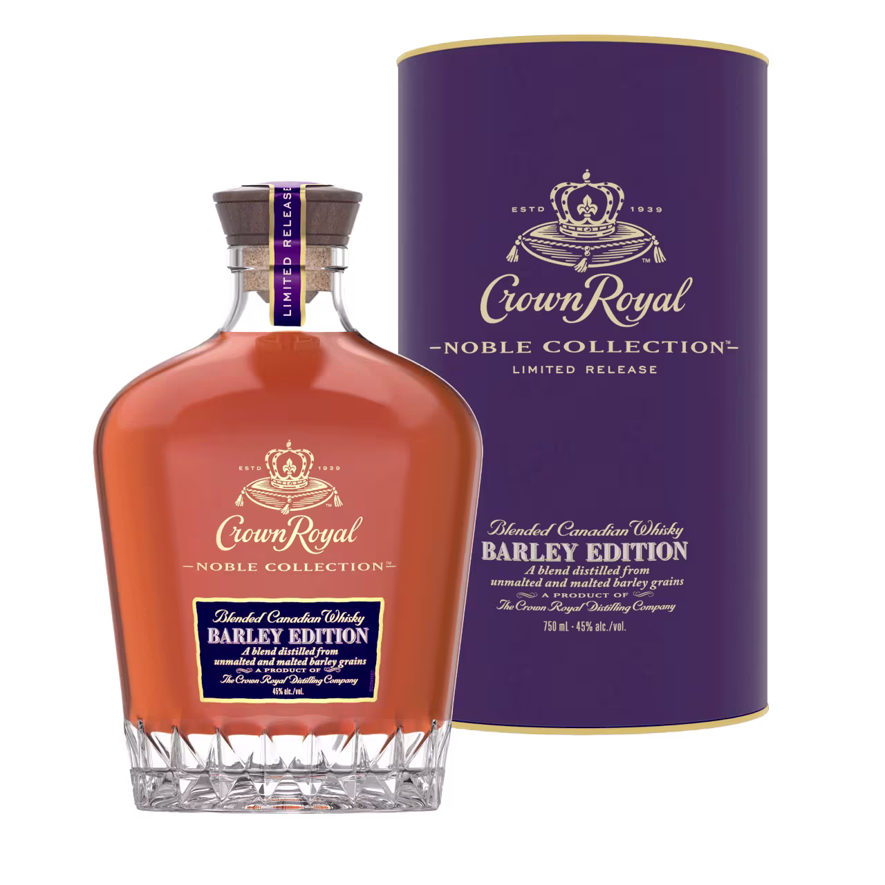 A bottle of Crown Royal Noble Collection Barley Edition Canadian whisky is shown in front of its matching purple cylindrical box.