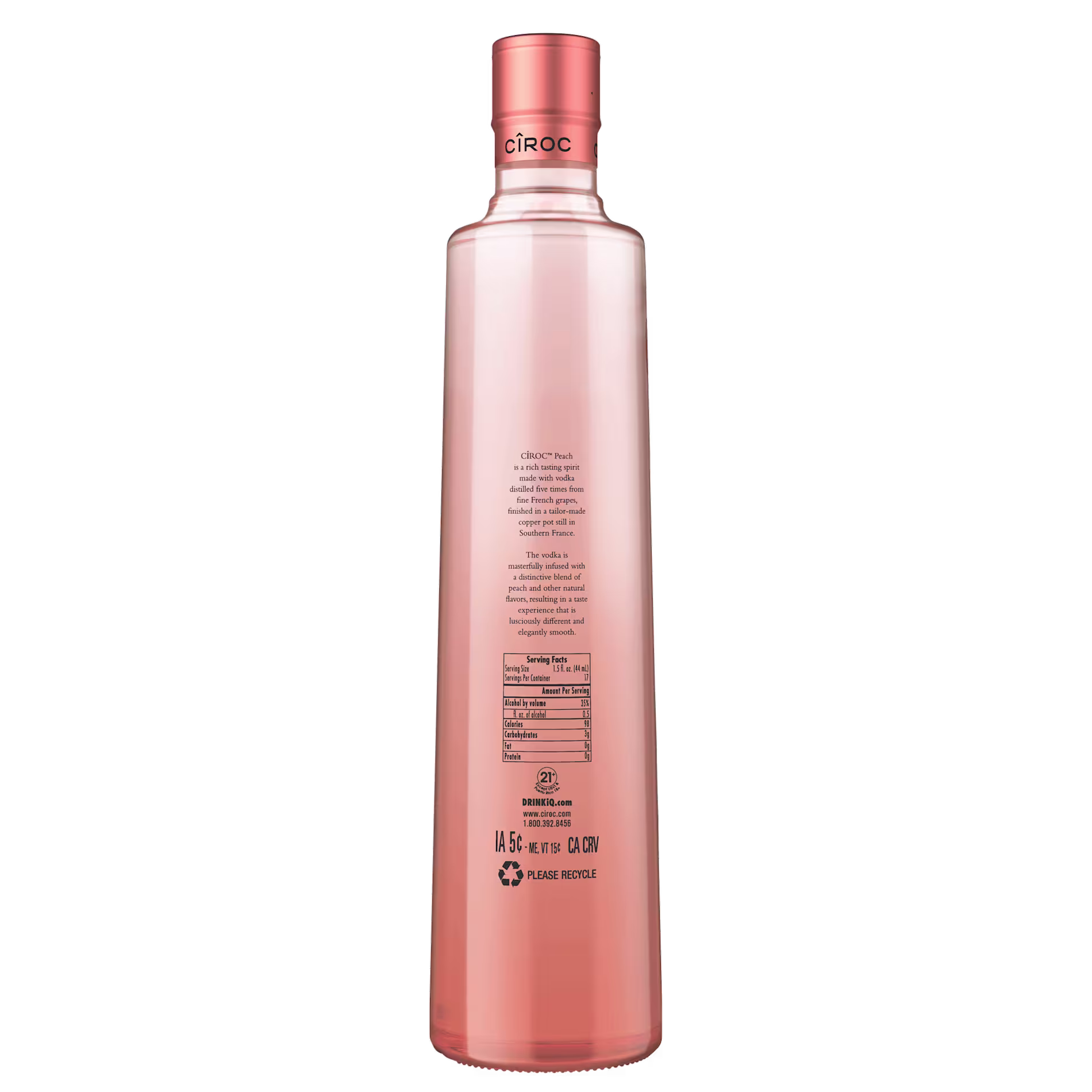 A tall, translucent peach-colored bottle of Cîroc vodka, shown from the back with product information and a recycling symbol visible.