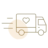 Line drawing of a delivery truck with a heart symbol on its side, moving quickly, with an orange circle in the background.