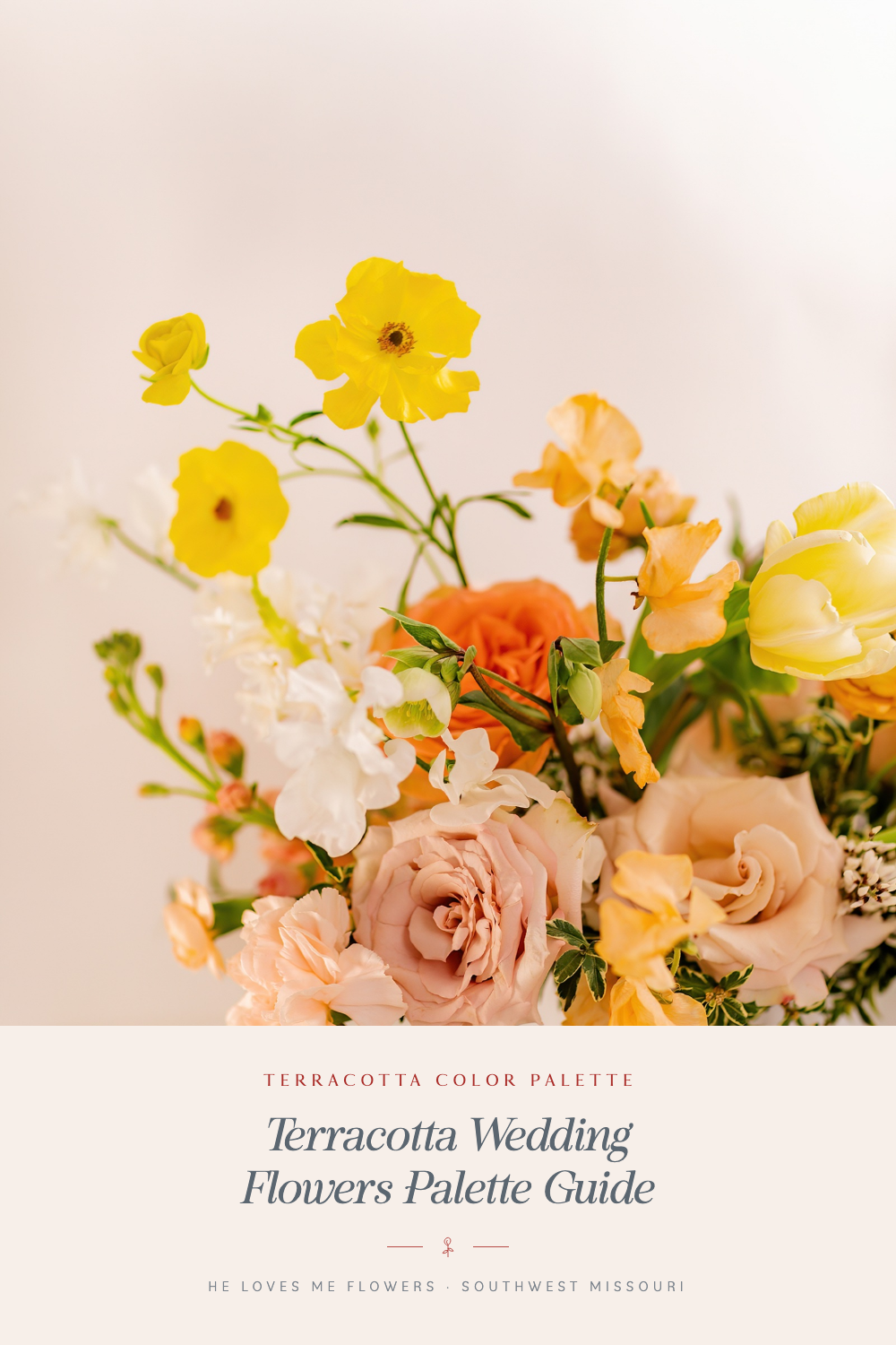 Terracotta wedding flowers guide with peach, orange, and yellow flowers