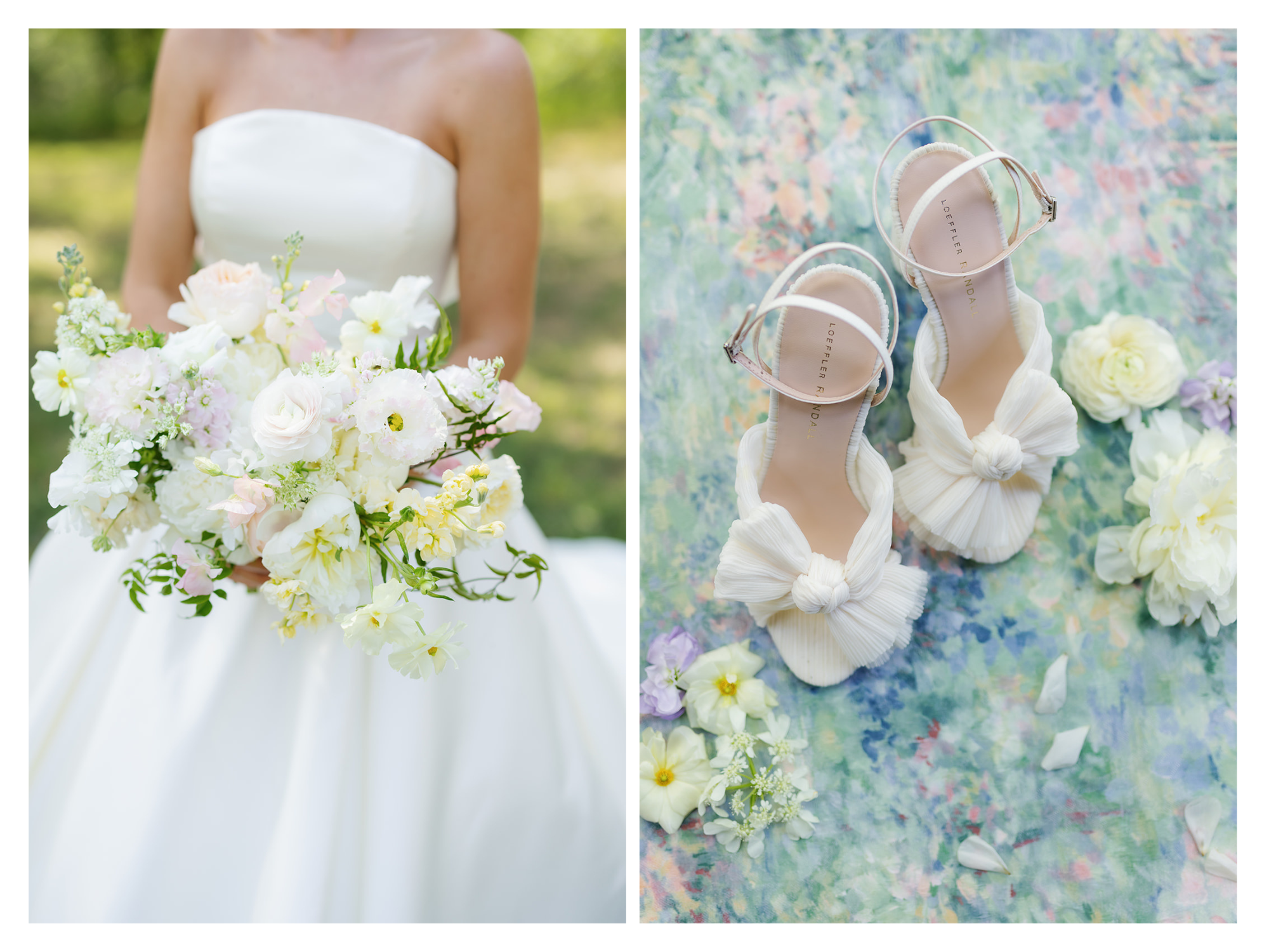 Bridal bouquet and wedding shoes at an Integrity Hills wedding