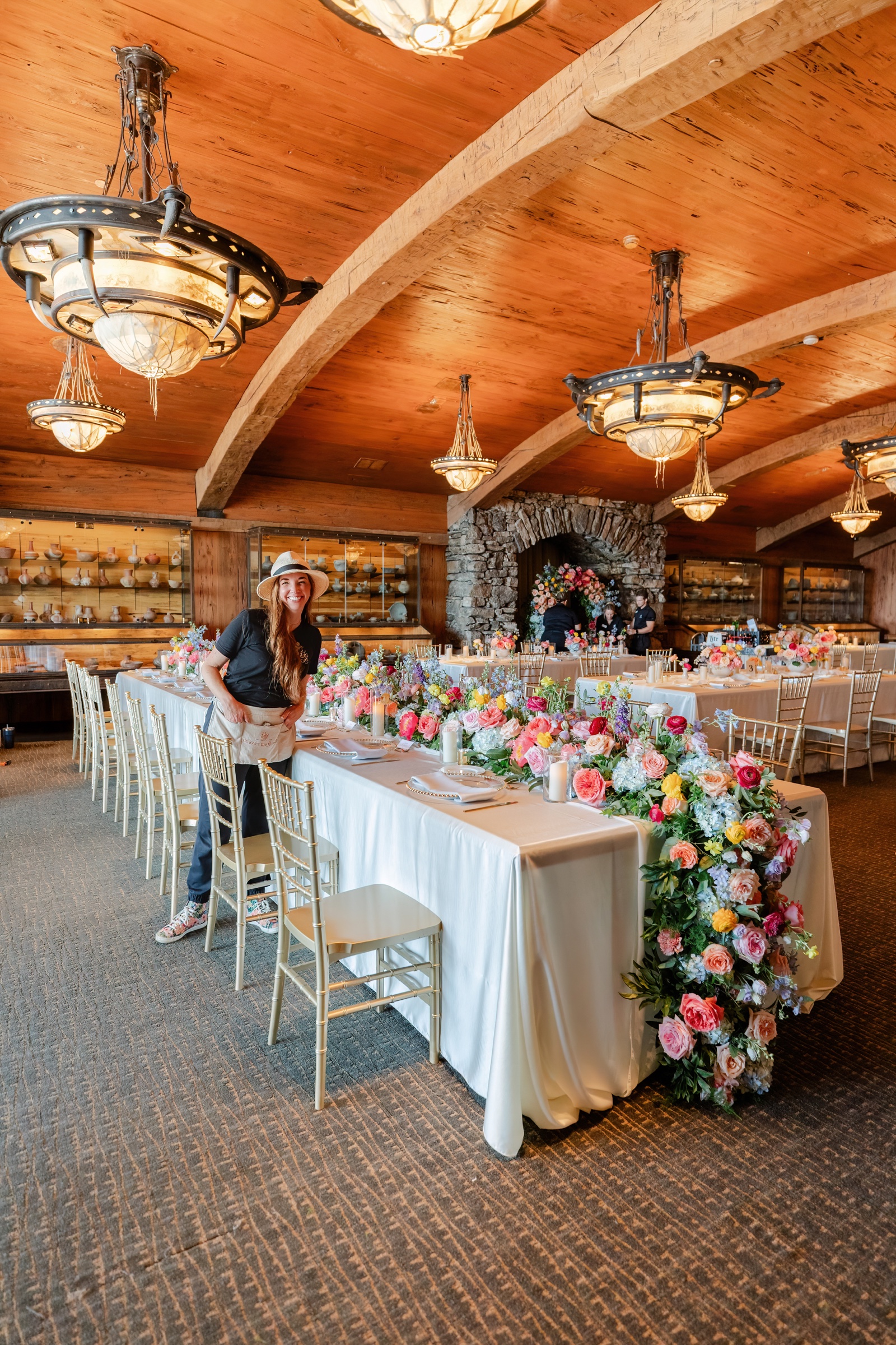 Colorful fall wedding reception tablescape by He Loves Me Flowers at Big Cedar Lodge in Southwest Missouri