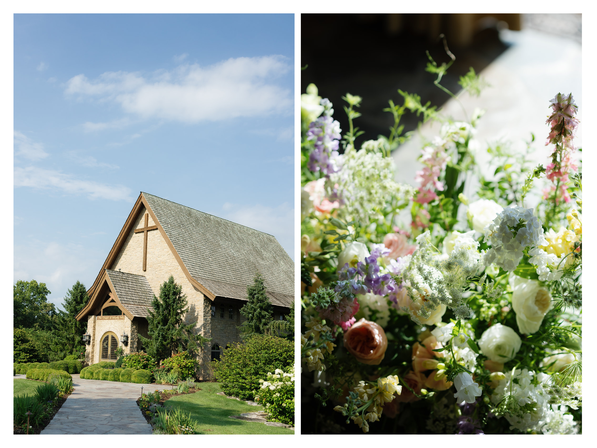 Integrity Hills Chapel and a garden-style wedding flower arrangement