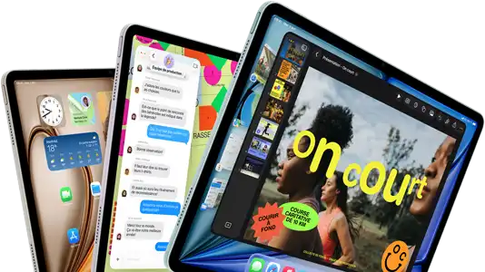 Trois iPad Air disposés en éventail, de couleur bleu, violet, comète, face avant, vue latérale, parmi les apps à l’écran : Keynote, Messages et l’écran d’accueil