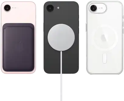 iPhone 17e in soft pink colour with FineWoven Wallet in midnight purple colour, iPhone 17e in black colour and MagSafe Charger, iPhone 17e in white colour with Clear Case with MagSafe