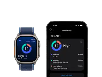 Apple Watch Ultra 3, titanium natural case, sleep score screen, breakdown in circle graph, score in center, band, blue Trail Loop