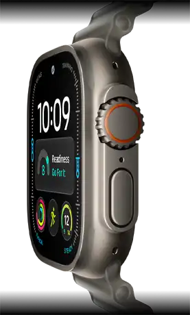 Apple Watch Ultra 4, titanium case, natural colour, digital clock face, complications: readiness, heart rate, Workouts, temperature, right side exterior, Digital Crown, raised side button, Ocean Band, translucent grey colour