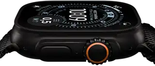 Apple Watch Ultra 3, vue latérale, boîtier en aluminium noir, boussole du cadran Orientation, bouton latéral et Digital Crown