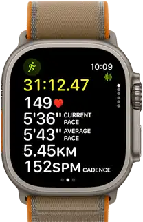 Apple Watch Ultra 4, titanium case, natural colour, advanced Outdoor Run workout metrics, right side exterior, Digital Crown, raised side button, Trail Loop band, sand colour