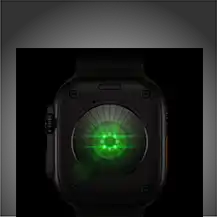 Back of Apple Watch Ultra 4, titanium case, black colour, multiple round sensors with glowing green LED lights