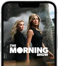 iPhone 17e front screen showing the Apple TV series The Morning Show