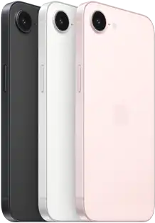 iPhone 17e, side and back exterior, black colour, side and back exterior, white colour, side and back exterior, soft pink colour, Fusion camera at top, side button