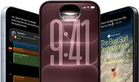 3 iPhone 18 Pro devices in Glacier, Burgundy, and Black, front exterior, screens show Siri AI integration in lock screen, Message Summary, and Ask Siri