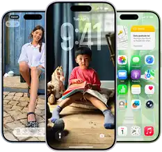 iPhone 17, exterior front, Dynamic Island centred near top, three colours: Mist Blue, Lavender, Sage