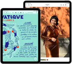 Deux iPad Air : 11 pouces et 13 pouces, l’iPad Air 11 pouces affiche du texte coloré dans l’app Notes, l’iPad Air 13 pouces affiche la photo d’une personne dans l’app Photos