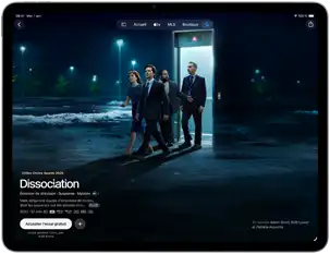 iPad Air, face avant, écran montrant la série Dissociation dans l’app Apple TV