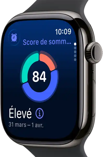 Vue rapprochée d’une Apple Watch Series 11 au boîtier en titane ardoise, affichant le score de sommeil à l’écran