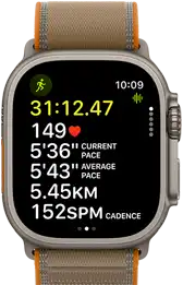 Apple Watch Ultra 4, titanium case, natural colour, advanced Outdoor Run workout metrics, right side exterior, Digital Crown, raised side button, Trail Loop band, sand colour