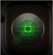 Back of Apple Watch Series 12, aluminum case, dark bronze colour, multiple round sensors with glowing green LED lights, left side exterior, Digital Crown, Sport Band, olive colour