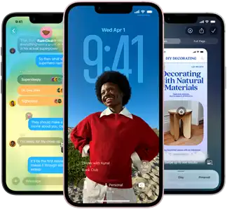 Three iPhone 17e devices, showing Messages app with Liquid Glass design, dynamic Lock Screen and Visual Intelligence in use