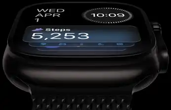 Apple Watch Ultra 4, titanium case, black colour, black and grey Activity analog watch face, titanium Milanese Loop band, black colour