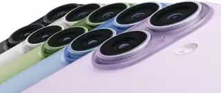 iPhone 17, exterior rear, Fusion dual-camera system, all five colours overlapping: Black, White, Sage, Mist Blue and Lavender