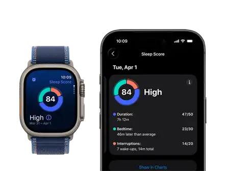 Apple Watch Ultra 3, titanium natural case, sleep score screen, breakdown in circle graph, score in center, band, blue Trail Loop