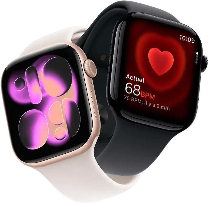 Apple Watch Series 11, aluminium or rose, cadran Illustration réactive, côté droit extérieur : Digital Crown, microphone, bouton latéral, bracelet sport rose tendre, Apple Watch Series 11, aluminium noir de jais, app Fréquence cardiaque, battements par minute actuels, côté droit extérieur : Digital Crown, bracelet sport noir