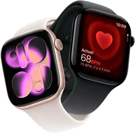 Apple Watch Series 11, aluminium or rose, cadran Illustration réactive, côté droit extérieur : Digital Crown, microphone, bouton latéral, bracelet sport rose tendre, Apple Watch Series 11, aluminium noir de jais, app Fréquence cardiaque, battements par minute actuels, côté droit extérieur : Digital Crown, bracelet sport noir