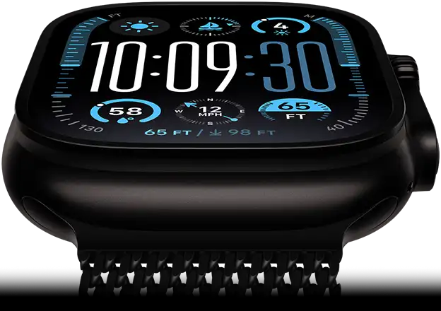 Apple Watch Ultra 2 qui pivote vers le bas, révélant la totalité de l’écran